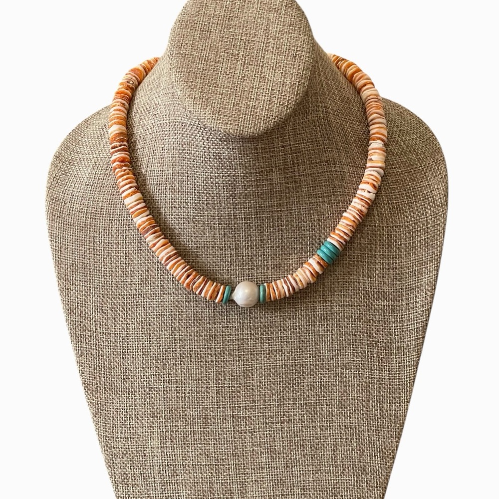 Spiny Oyster Shell beads w Turquoise & Baroque Pearl One gold & One silver clasp